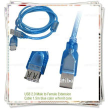 1.5m Color azul transparente USB 2.0 macho a hembra Cable de extensión USB AM A AF CABLE w / ferrit cable